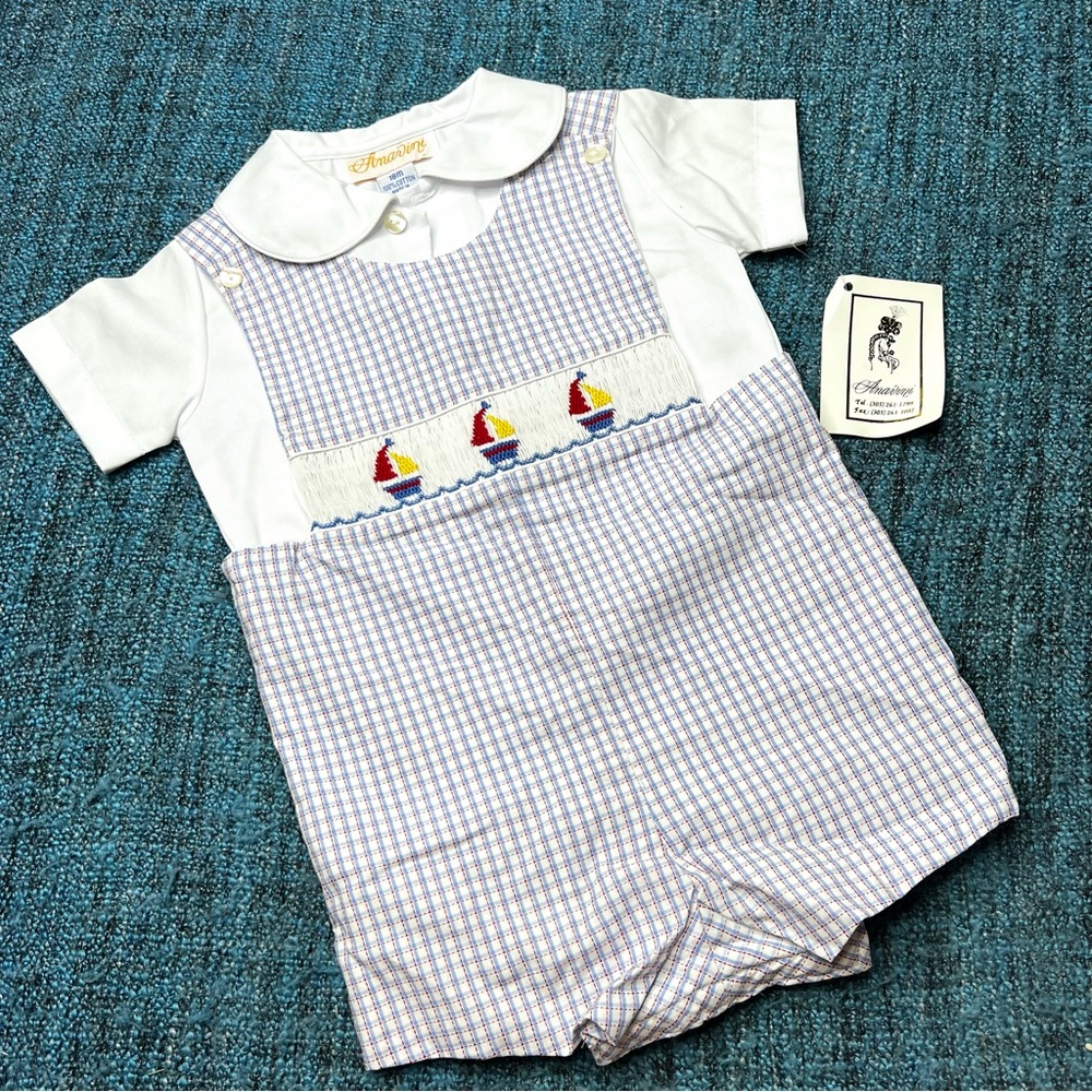 Vintage Anavini Baby Shortalls with Sailboats Plaid Print Size 18 Months NWT
